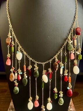 Handmade Multicolor Dangle Bead Necklace - Gold Chain